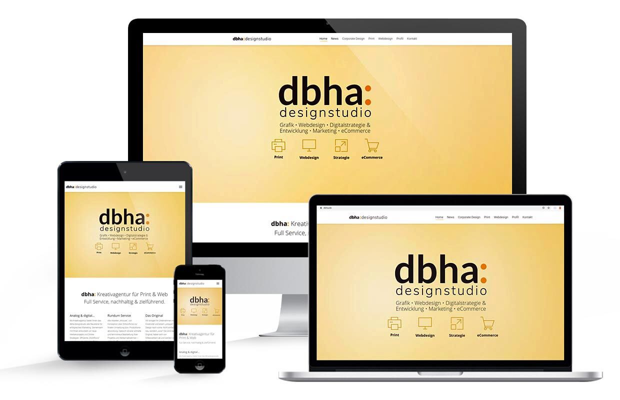 Webdesign Mockup für dbha: Visualisierung der Startseite auf unterschiedlichen Screens.