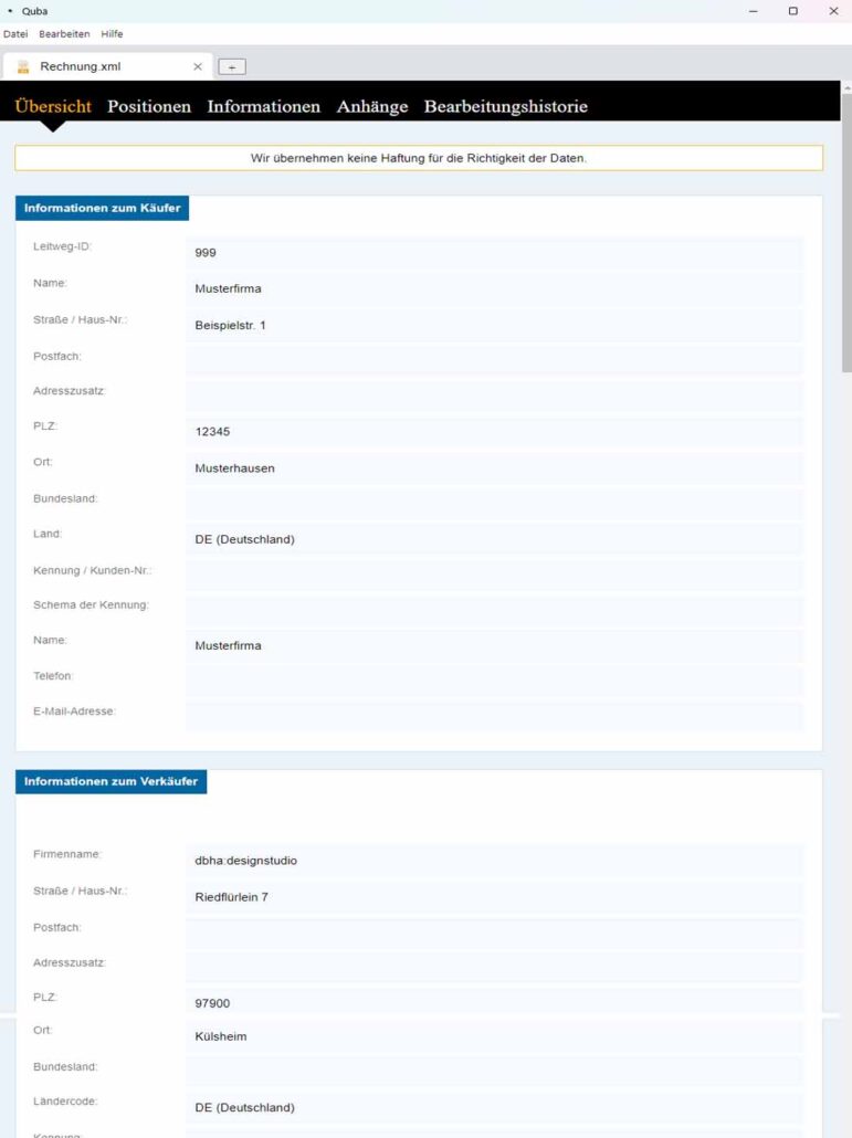 QUBA-Viewer-Besipiel Kostenloser E-Rechnung-Viewer Quba (Ansicht 1)