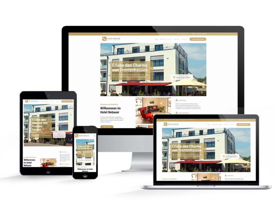 Hotel Nebauer Website Mockup mit unterschiedlichen Geräten und Bildschirmgrößen