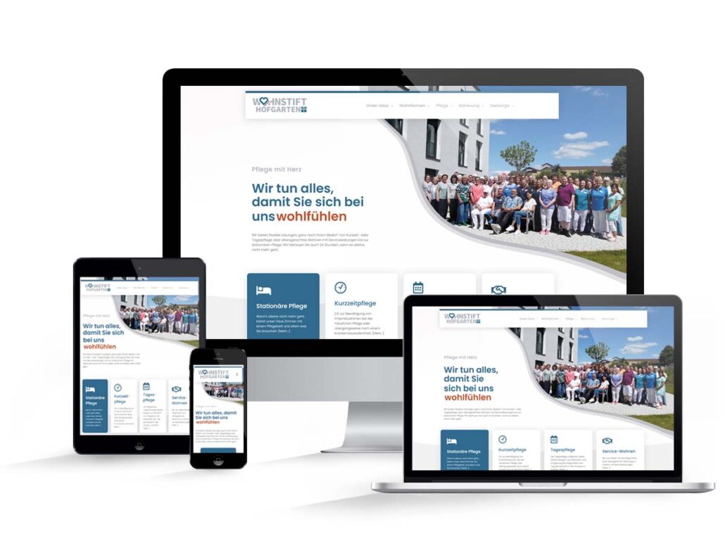Mockup-Grafik mit verschiedenen Bildschirmgrößen der Website Wohnstift Hofgarten.