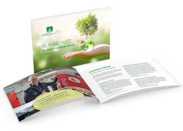 Designvorschau auf eine Klimaschutzbroschüre, die für die Stadt Külsheim gestaltet und produziert wurde.