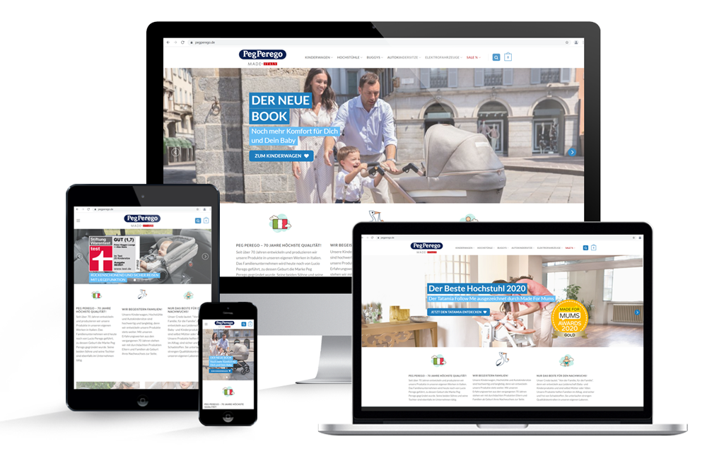 Webdesign für Pegperego.de - Mockup-Grafik für Desktop, Tablet und Smartphone.