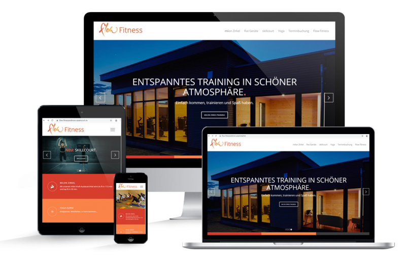 Webdesign Mockup für flow Fitness - Desktop, Tablet und Smartphone Screens.